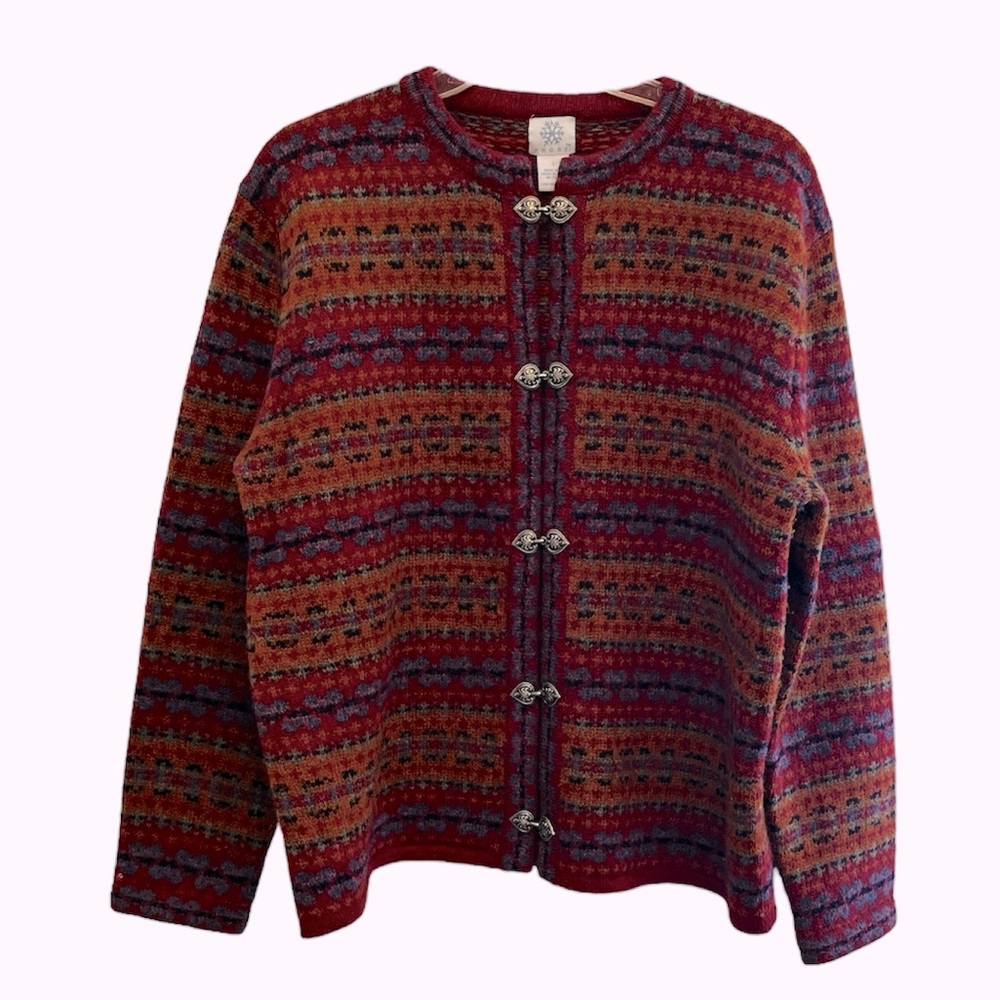 Frost women’s heart hook front closure Nordic cardigan wool sweater. Sz L